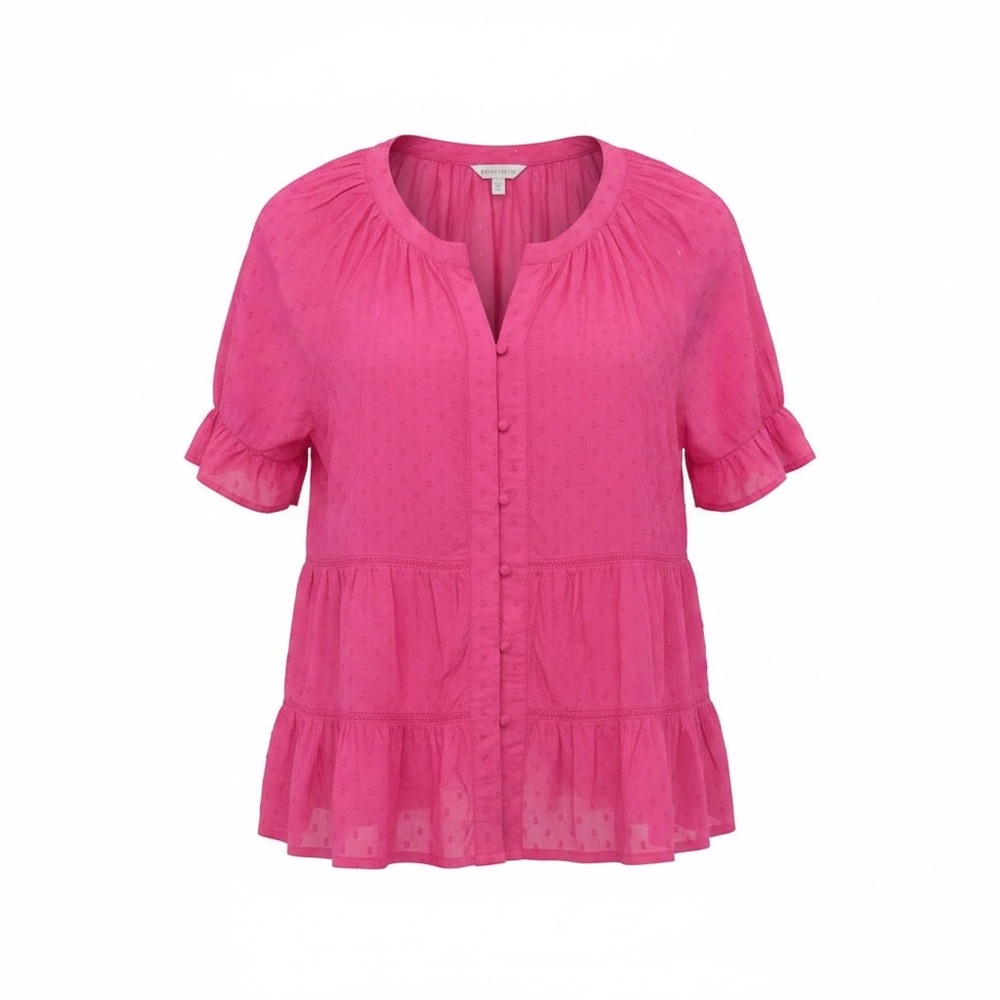 Crown & Ivy Womens 2X Pink Spice Clipped Dot Tiered Button Front Peplum Blouse